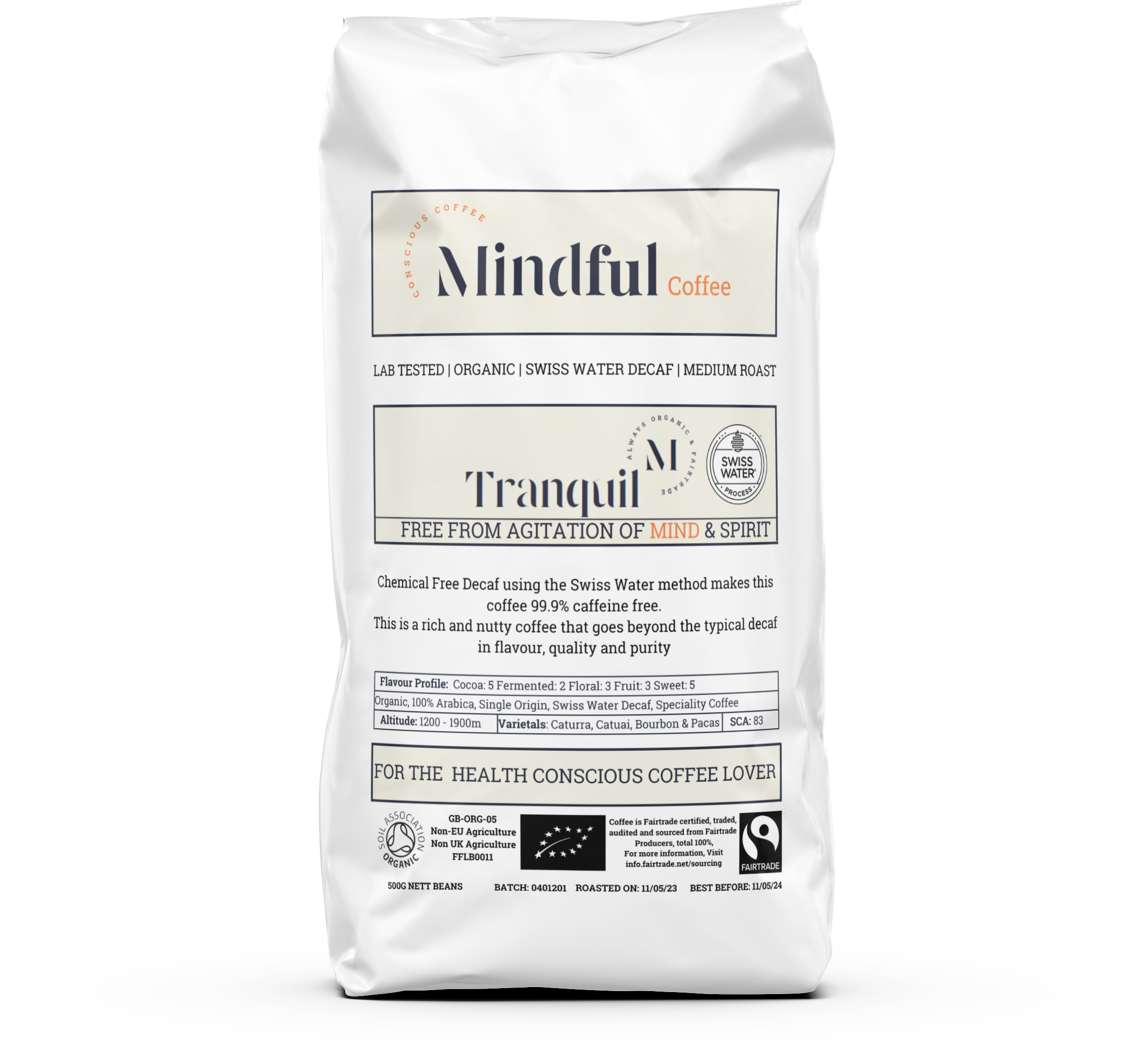 Mindful Coffee - Tranquil | Organic Swiss Water Decaf Coffee Beans | Mycotoxin Free - Lab Tested | Freshly Roasted |Single Origin Speciality