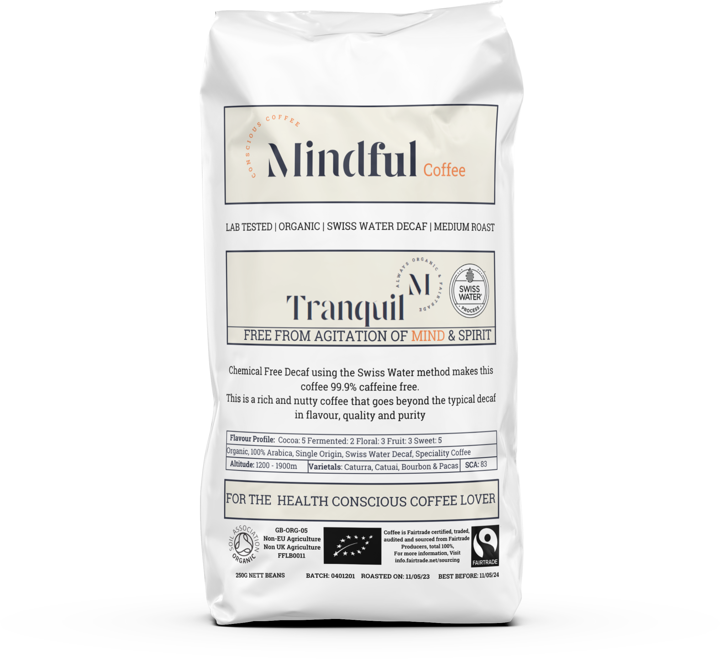 Mindful Coffee - Tranquil | Organic Swiss Water Decaf Coffee Beans | Mycotoxin Free - Lab Tested | Freshly Roasted |Single Origin Speciality